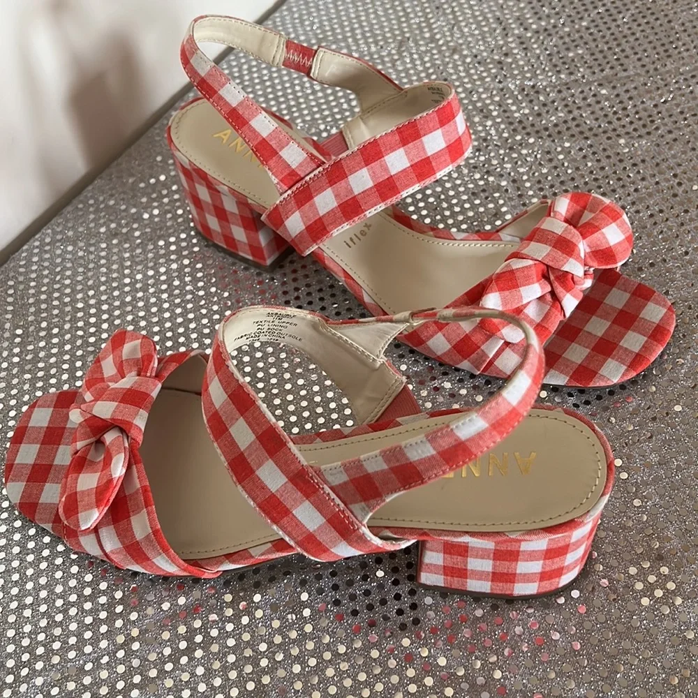 Anne Klein Red and White Checkered Sandals - Picture 3 of 15